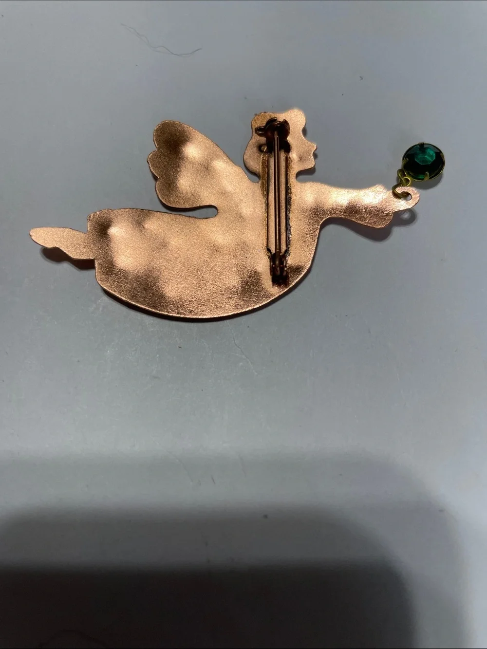 Copper Angel Brooch with Green Gem Accent